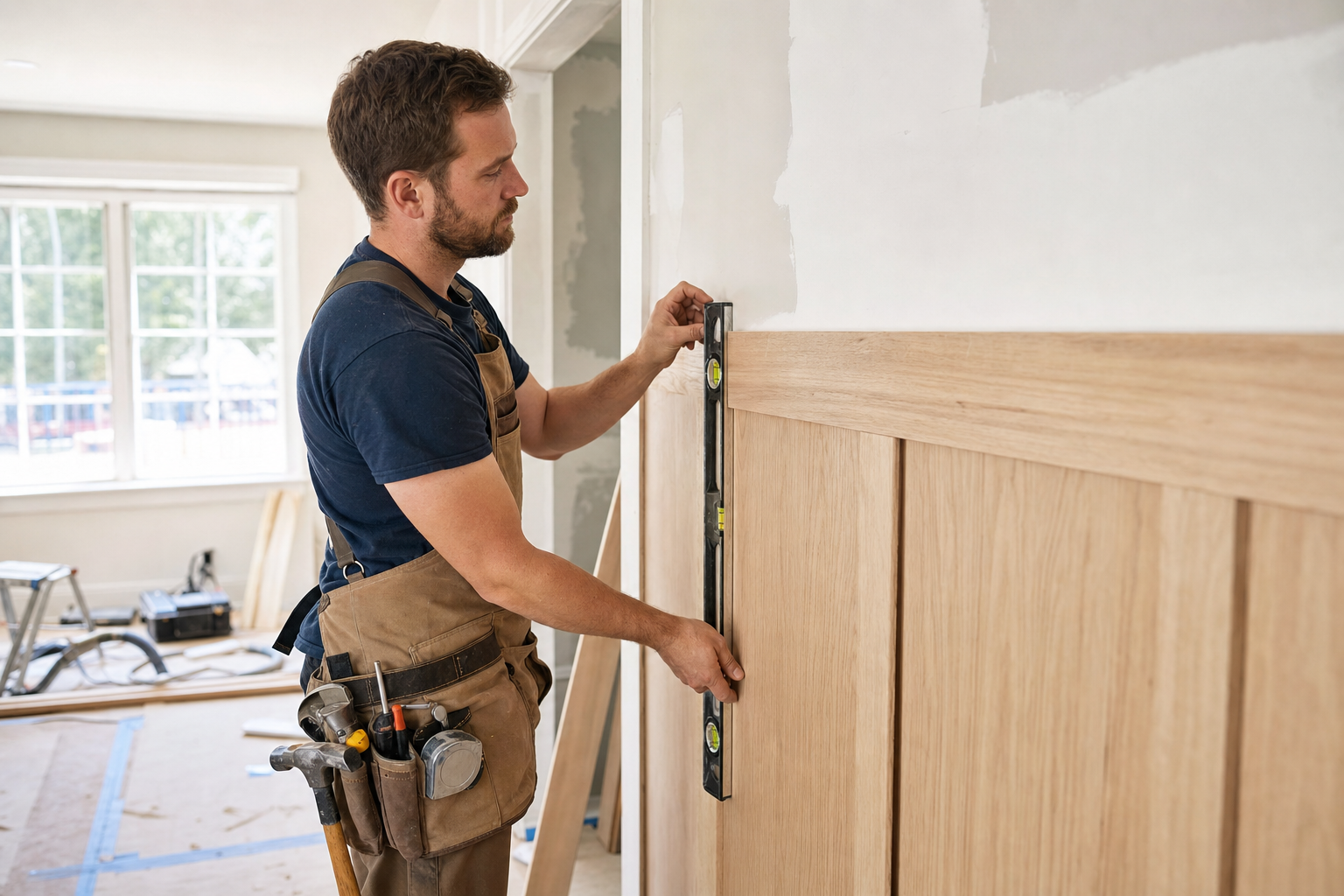 Carpenter installing wainscot wall paneling with a level, Kansas City