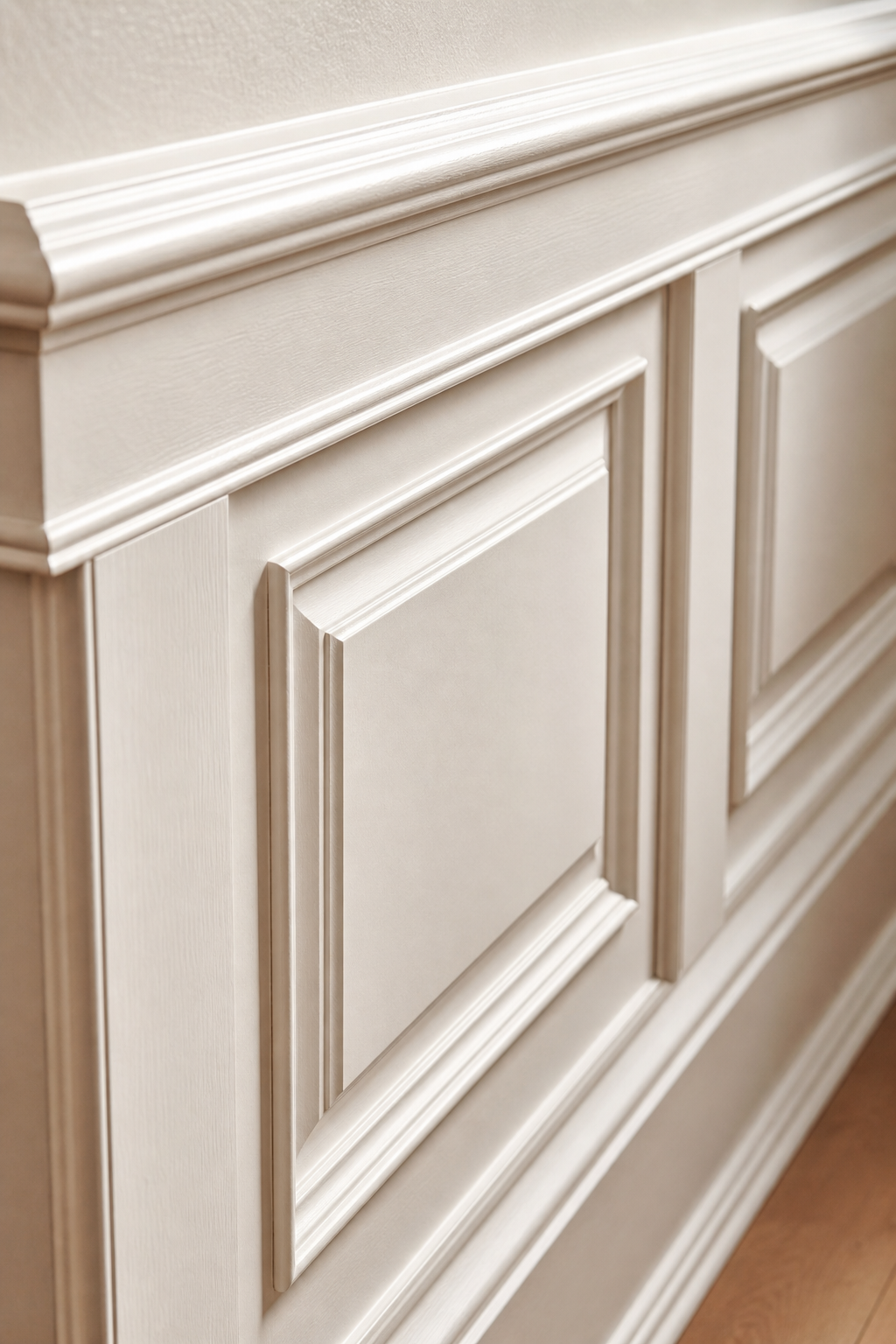 Close-up detail of classic raised-panel wainscoting trim