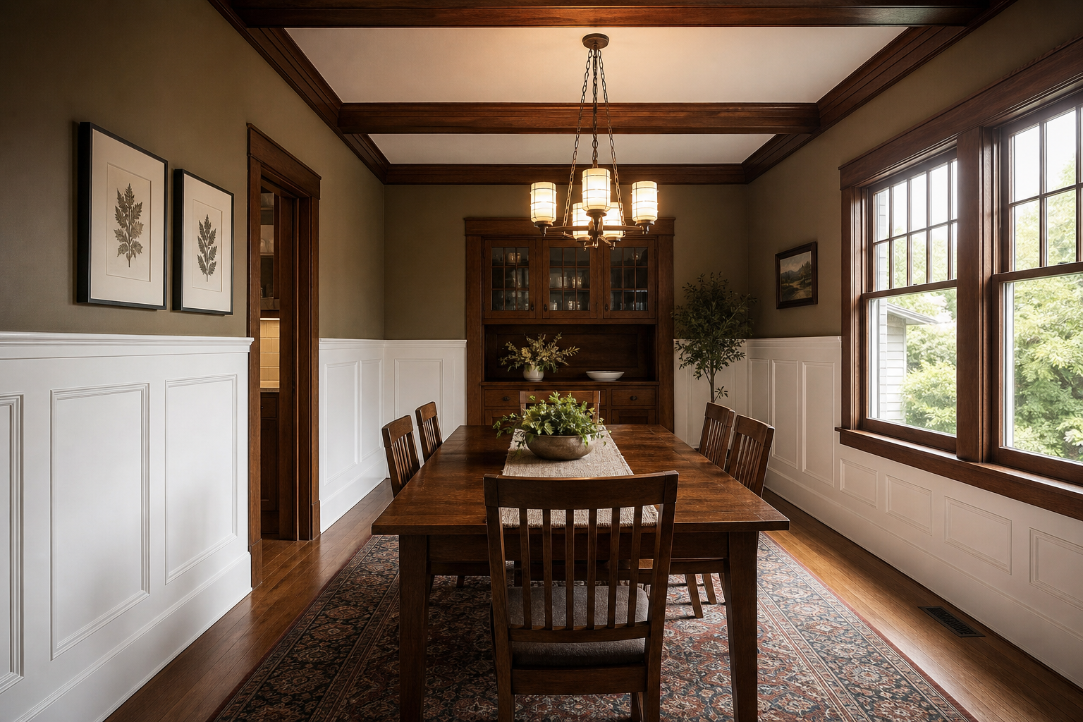 Elegant dining room in a Kansas City home with freshly installed white raised-panel wainscoting